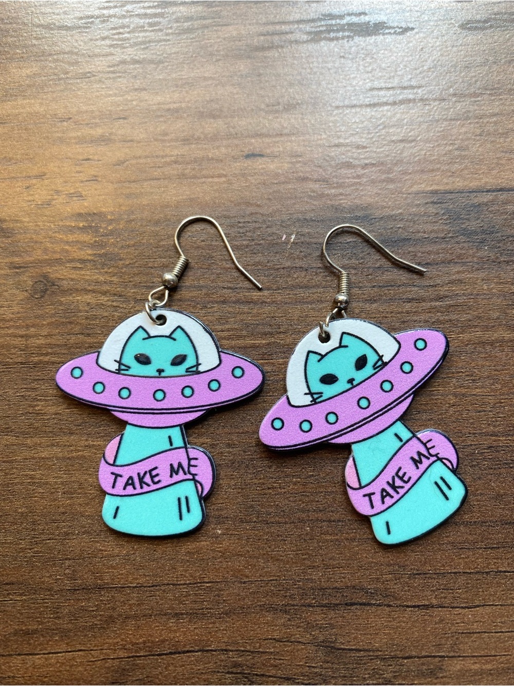 Cute Alien Cat UFO Earrings - Pink & Teal "Take Me"